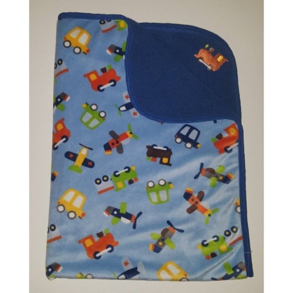 Tiddliwinks Blue Fleece Baby Blanket Lovey Trains Airplanes Cars Vehicles 30x40